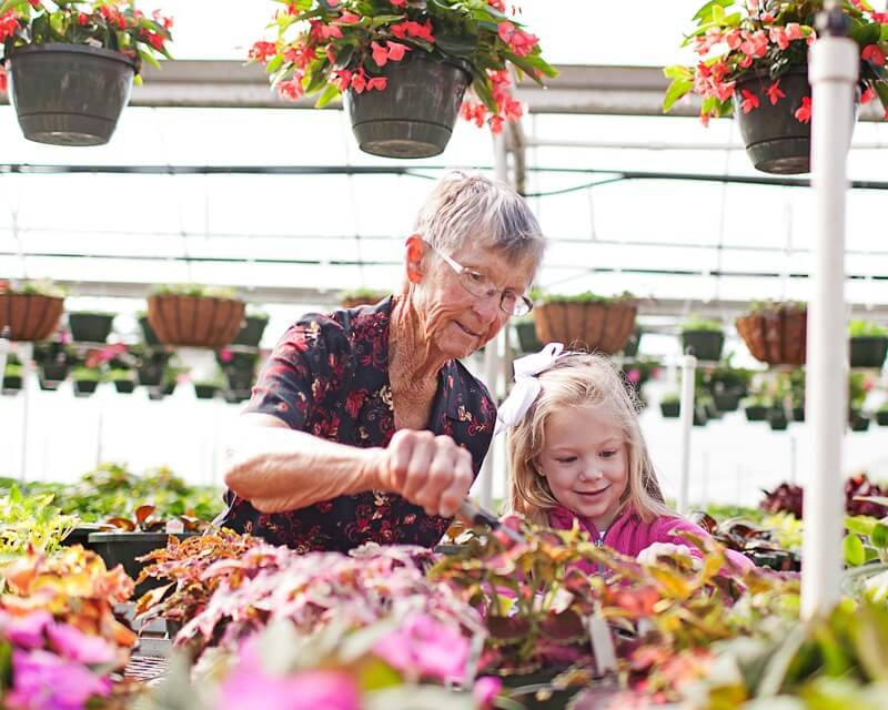 Elderly woman and young girl looking at flowers.